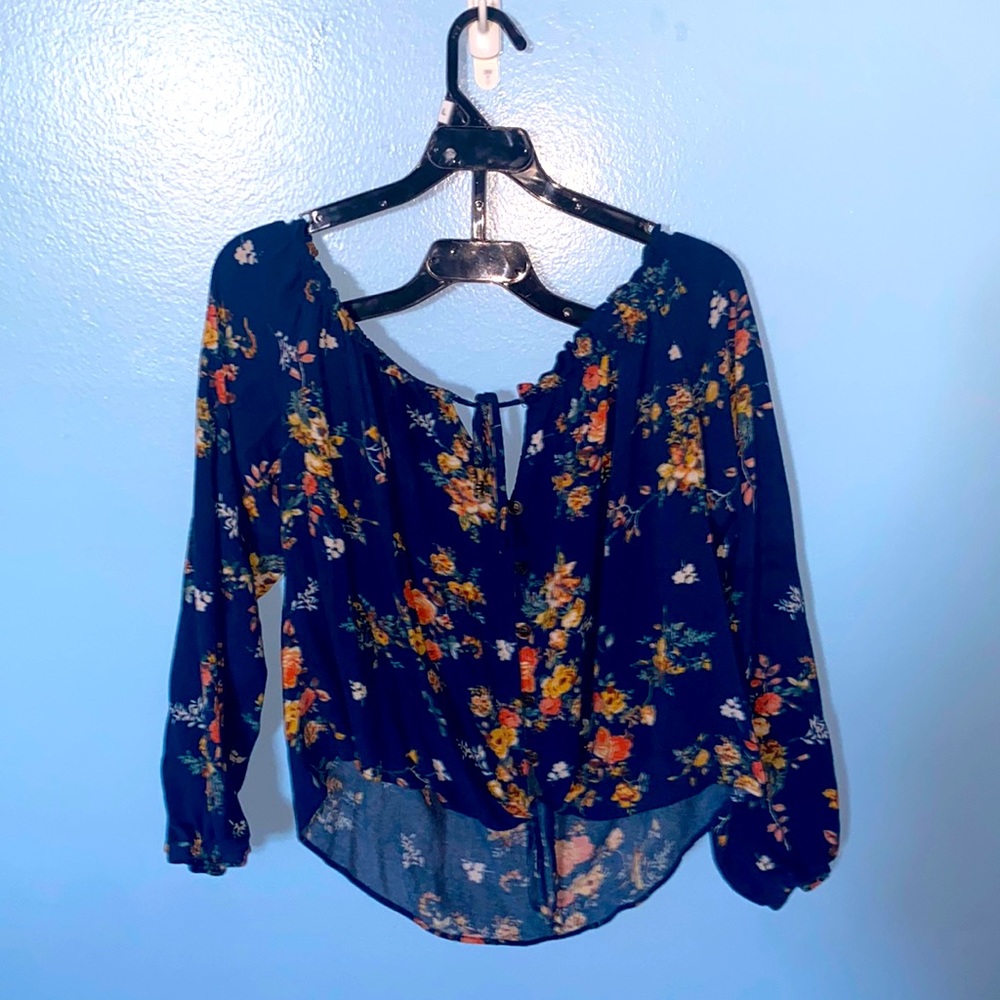 Dark Blue Floral Off Shoulder Blouse